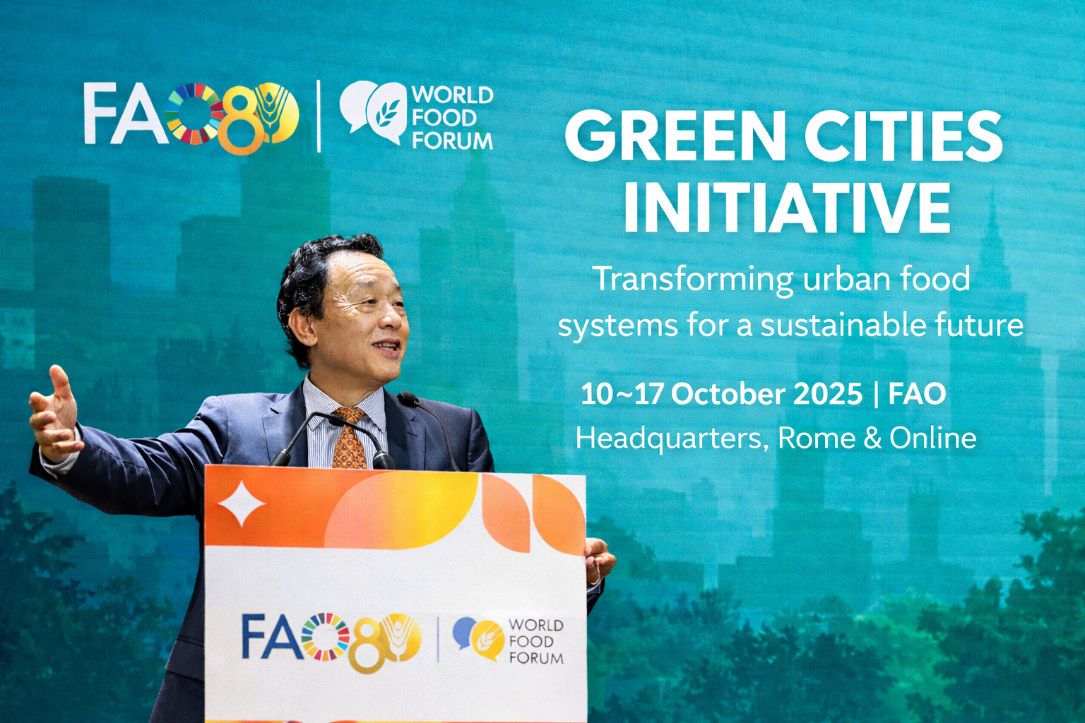 Банер World Food Forum 2025 та Green Cities Initiative у штаб-квартирі FAO в Римі